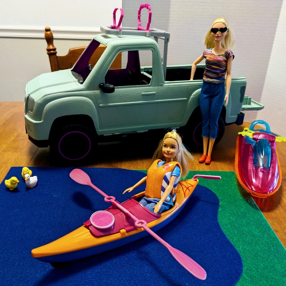 Mattel Barbie Handpainted Truck, Canoe With Paddle, Jet Ski & 2 Dolls